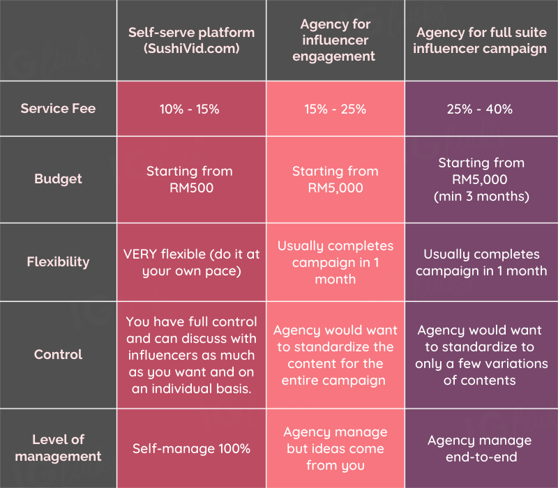 Work Effectively with Influencers - Comparison Table